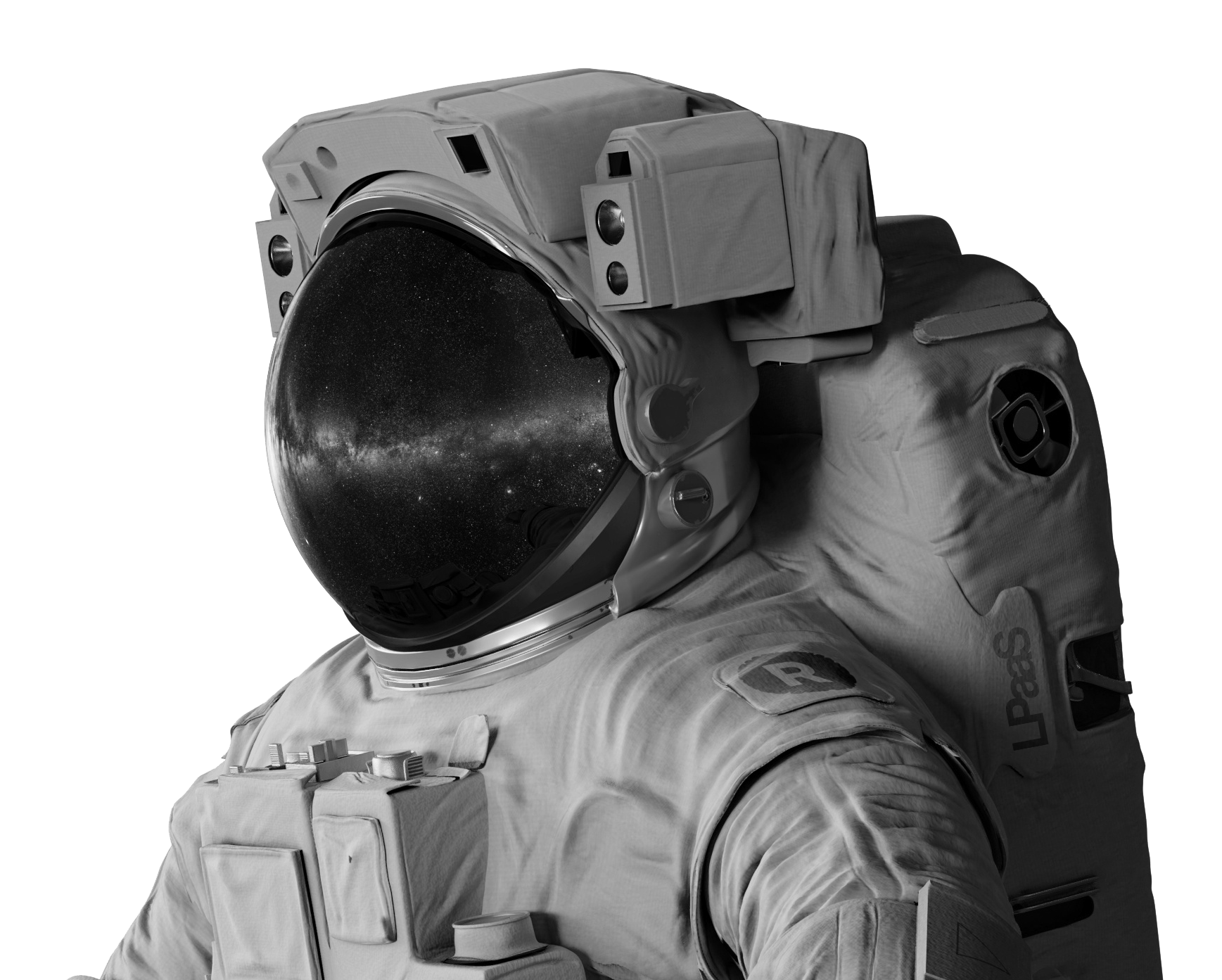 An astronaut looking away with the Redwood R on her back