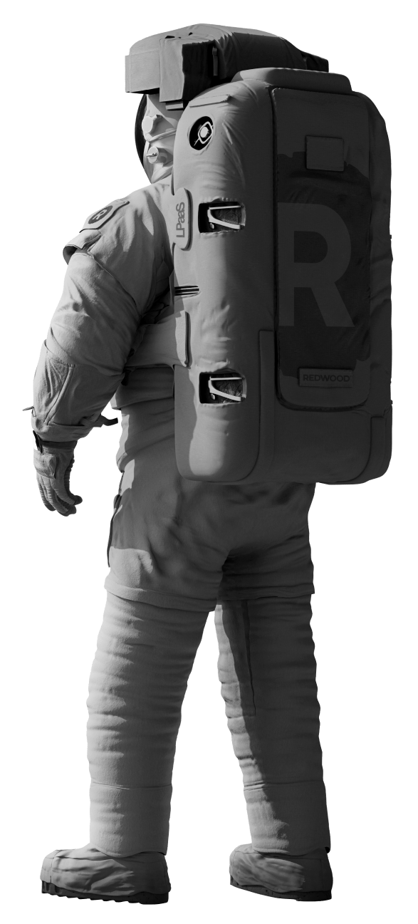 Astronaut looking away with the Redwood R on her back